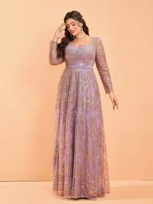 Plus Size Mgiacy Sweetheart Neck Haftowane Cekiny Koraliki Długi Rękaw A-Line Formalna Suknia Wieczorowa, Sukienka Imprezowa, Dla Gości Weselnych - Wrzosowy - Zobacz 3