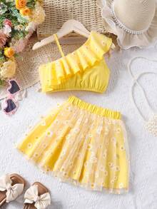 2pcs/Set Girls Casual Ruffle Trim Spaghetti Strap Tank Top And Ditsy Floral Mesh Skirt Set - Yellow - View 2
