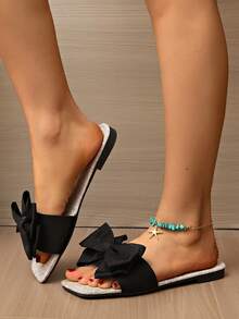 Sandalias planas de mujer de ajuste ancho, sandalias planas tipo slides con tira y punta cuadrada, estilo bohemio con cuerda trenzada para exterior y playa - Negro - Ver 3