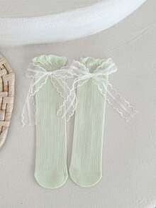 Kids' Lace Ribbon Bow Mesh Breathable Socks, Lace Trim Mid-Calf Socks, Polyester, All Season - Multicolor - View 10