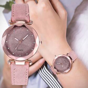 1 Pieza Reloj de mujer de color rosa estrellado plateado con correa mate y cuarzo