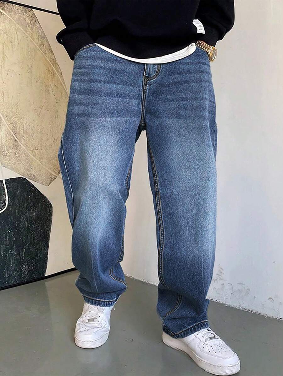 1 pieza Vaqueros rectos holgados de estilo japonés casual lavados para hombres