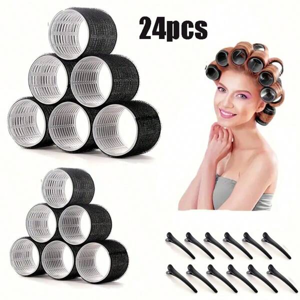 Un ensemble de 12 pièces/24 pièces fers à friser auto-adhésifs et pinces, 6/12 fers à friser auto-adhésifs et 6/12 épingles à cheveux, fers à friser sans cheveux avec épingles à cheveux, fers à friser de salon, outils de modelage DIY convenant aux styles de cheveux ondulés, et un set de fers à friser manuels.