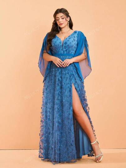 Plus Size Mgiacy V-Neck Three-Dimensional Embroidered Lace Pearl Chiffon Strappy Sleeve High-End Graduation Dress, Party Dress, Prom Dress