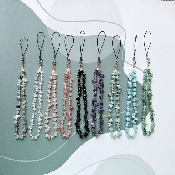 Fashion Natural Beaded Phone Lanyard Necklace Chalcedony Amethyst Aventurine Quartz Stone Phone Charm Digital Camera Strap Gifts For Mother, Family, Friends, Birthday, Holiday Phone Chain