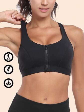 1pc Women's Classic Solid-Color Sexy Knitted Sports Bra, Front Closure Metal Chain, Comfortable Wireless With High Impact Support, Sweat-Absorbent Four Seasons Wear