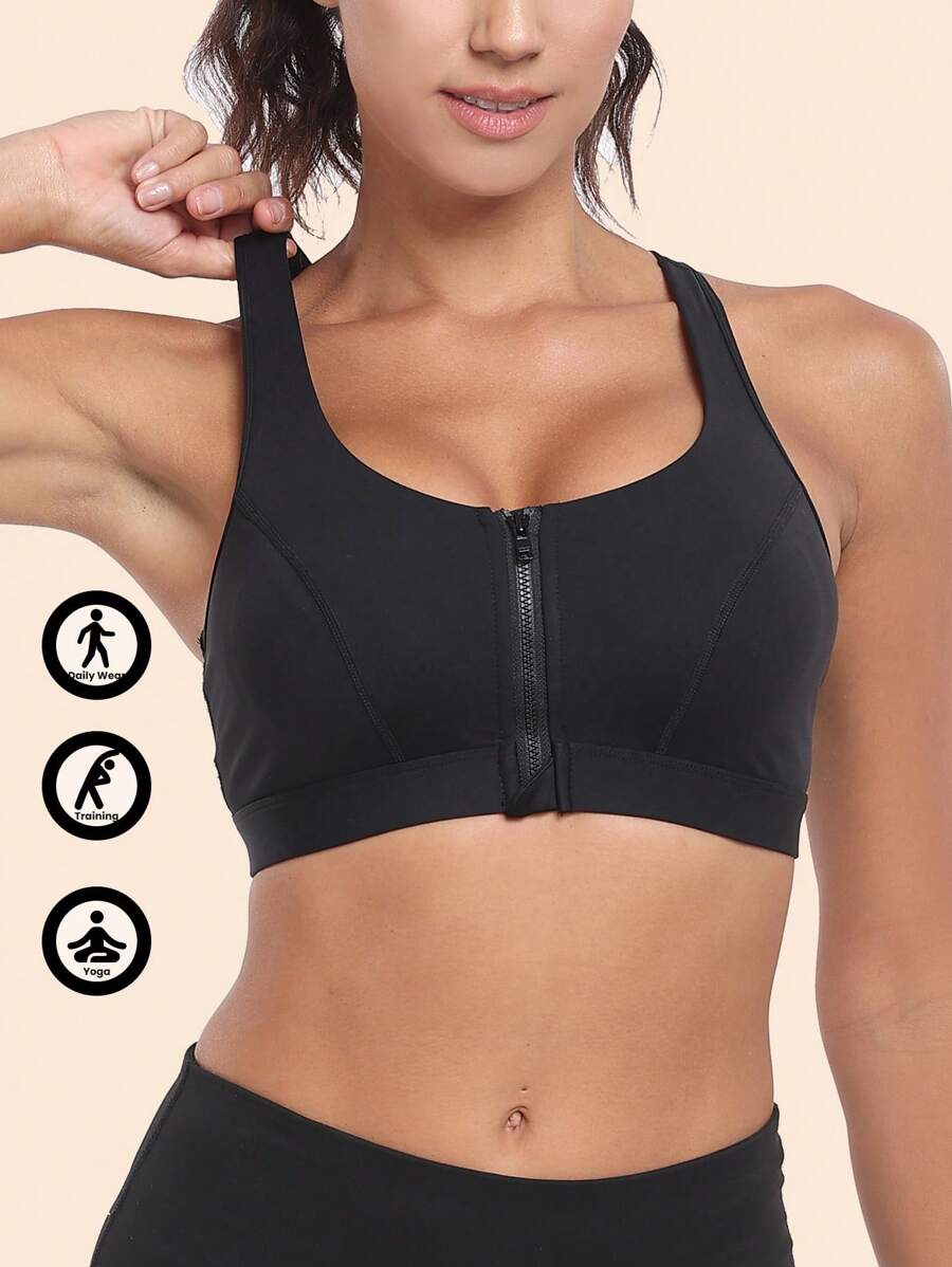 1 pièce Soutien-gorge de sport classique pour femme, couleur unie sexy, tricoté, fermeture métallique devant, confortable sans fil avec un soutien à fort impact, absorbant la transpiration, adapté pour toutes les saisons