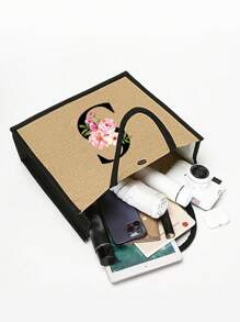 Conjunto com 2 peças: uma bolsa de linho cáqui com iniciais de flores rosa e uma pequena bolsa combinando, simples e elegante, bolsa personalizada para presente de casamento para madrinhas, bolsa de maquiagem, bolsa de viagem simples para armazenamento, carteira de cosméticos de cor sólida, bolsa de maquiagem de viagem com grande capacidade: a combinação perfeita para belezas ao ar livre! Adequada para casamentos, aniversários e praia.