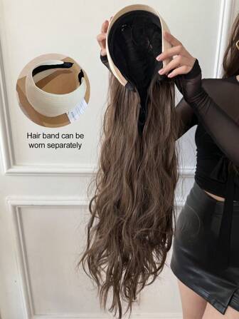 Knitted Women's Sports Style Wide Headband Plus Synthetic Long Wavy Curls Half Wig Clip In Hair Extension Fluffy Natural False Black (Brown),Easy To Wear, Suitable For Women To Take Photos Outdoors And Use At Daily Gatherings