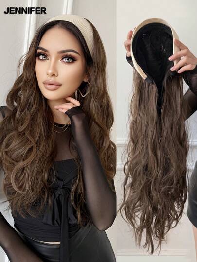 Diadema deportiva ancha de punto para mujeres talla grande extensión de cabello sintético largo y ondulado, media peluca con clip, esponjoso y natural, color negro (marrón), fácil de usar, adecuado para que las mujeres se tomen fotos al aire lo usen en reuniones diarias