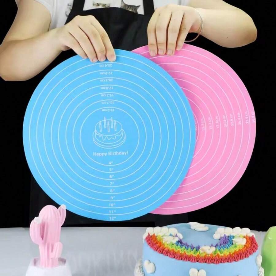 Round Silicone Baking Mat Non-Slip Pastry Turntable Nonstick Dough Kneading Pad Bread Cake Tray With Scale Kitchen Cooking Tools - Multicolor - View 1