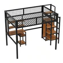 Loft Bed Metal Frame With Integrated Computer Desk And Storage Solution, Ideal For Compact Spaces - 黑色 - 查看 8