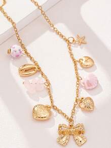 1pc Vintage Love Bow Charm Necklace Ocean Series Multi-Pendant Choker For Women Party Accessories Birthday Gift