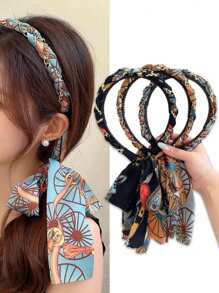1pc Retro Floral Braided Headband, Women High-End Chiffon Bowknot Elastic Hair Hoop, Female Satin Printed Hairband With Tassel Design,Hairband,Hair Hoop Headbands