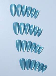 24pcsY2K Long Almonds Glossy Aesthetic Light Blue Cat Eye Acrylic Press On Nails Short Almond Nail Design Perfect Fit False Nails Set, Include: 1pc Jelly Glue And 1pc Nail File,Summer Nails & Light Blue Cat Eye Nails For Woman & Girl Daily Wear Rave Party Use