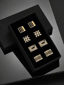 4 pares de gemelos de aleación de cobre chapados en oro con diseños a cuadros y rayados, juego de regalo elegante para hombres, para todas las estaciones - Dorado - Ver 2