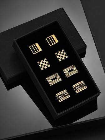 4 对金色格子条纹铜合金袖扣，优雅男士礼盒套装，四季皆宜