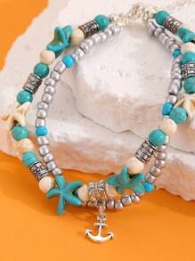 1 Stück modischer, vintage Mehrschicht-Fußkette mit Türkis, Muschel, Reisperlen, geeignet für Männer und Frauen, Strand Urlaub Party Accessoire