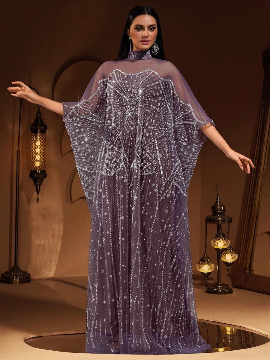 New Luxury High-End Sequin, Sequins & Lace Patchwork Elastic Underlayer Women's Elegant 2 Pieces Turkish Robe Dress (Size Runs Large, Customers Advised To Check Size Chart When Ordering) - 紫灰色 - 查看 1