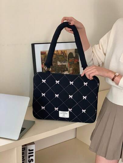 INS Laptop Bag Sweet Checkered Bow Embroidered Computer Shoulder Bag Compatible With MacBook13/14-Inch 15/15.6-Inch Laptop Liner Bag Back To School