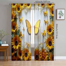 2 Stücke Vintage Frühlings Blumen Vorhang Set, mit Sonnenblumen & Schmetterlingen, aus strapazierfähigem Polyester, geeignet für Küche, Café, Wohnzimmer und Balkon (Stangen nicht enthalten)