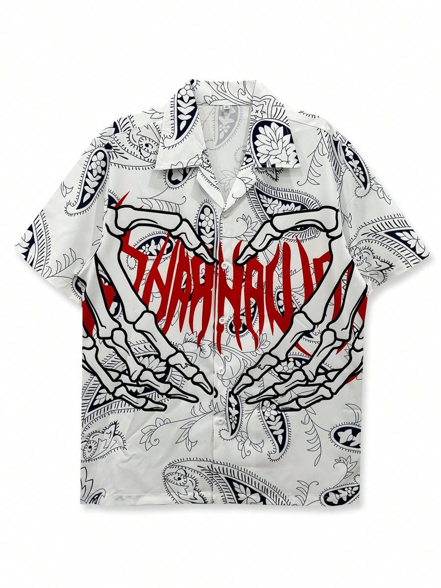 1 件男士花卉休闲沙滩衬衫，夏威夷风格骨手掌爱手势字母印花，中性色，白色，夏装 XS-XXL - 白色 - 查看 1