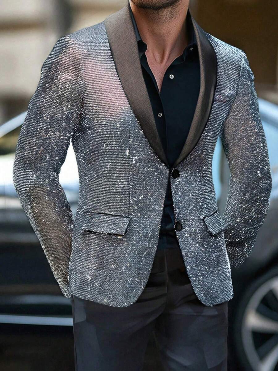 I FineLong 男士撞色翻领长袖派对闪亮时尚西装外套
