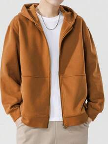 Autumn And Winter Cotton Hoodie Sweatshirt Jacket Solid Color Zipper Cardigan Versatile Sports Top - Rust Brown - View 2