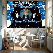 1pc Customized Photo, Name, Age Birthday Party Banner, Polyester Material, Happy Party Pattern Photo Backdrop, Personalized Happy Birthday Banner, Suitable For Cake Table, Home, Outdoor Yard Decoration Supplies