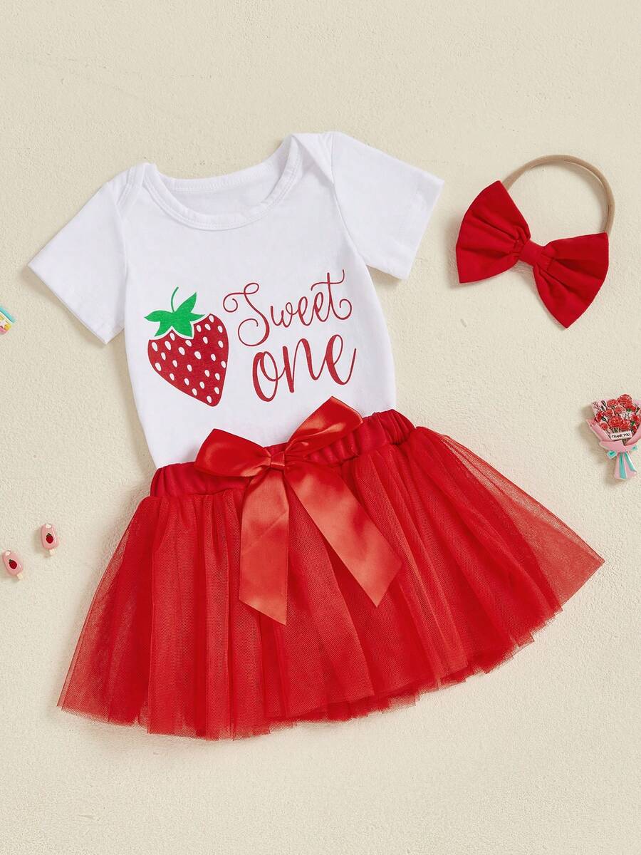 Baby Girl Birthday Outfits Letter Strawberry Print Short Sleeve Romper + Tulle A Line Skirt + Bow Headband 3 Pcs Set - Red - View 1