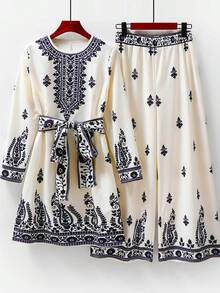 Women's Spring And Summer Boho Middle East Floral Print Loose Trousers Long Sleeve Belt Suit Home Leisure Travel - màu đen - Xem 4