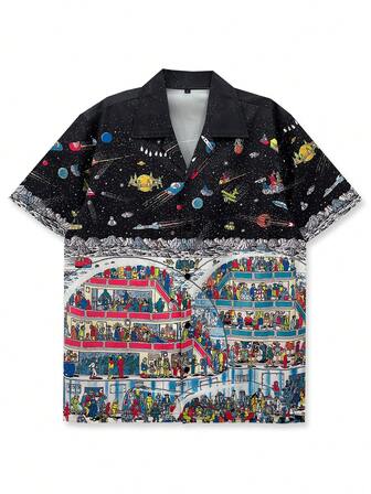 1 件休闲花卉印花短袖衬衫，男士夏威夷衬衫，假日海滩度假，油画风格图案