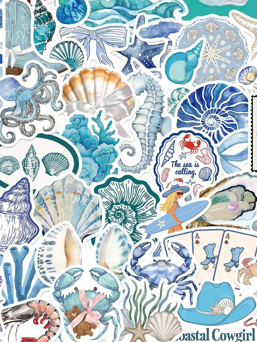 50PCS Ocean Stickers, Sea Animal Stickers, Blue Stickers, Beach Stickers, Aesthetic Stickers, Blue Stickers Cartoon Graffiti Label Stickers For Laptop, Car, Skateboard, Bottles, Scrapbook, Computer, Phone, Gift