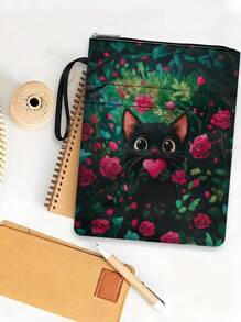 1pc Adorable Cat And Rose Themed Zippered Book Cover, Paperback Book Protective Sleeve, Paperback Book Cover, Book Jacket, Printed Book Bag With Front Pocket, Washable Book Pouch, Multifunctional Book Storage Bag Suitable For Students, Teachers, Book Lovers, Bible Enthusiasts