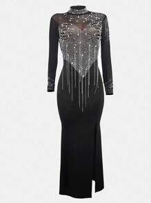 Vestido largo de mujer con cuello alto, manga larga, abertura lateral y adornos de rhinestone, sexy para verano