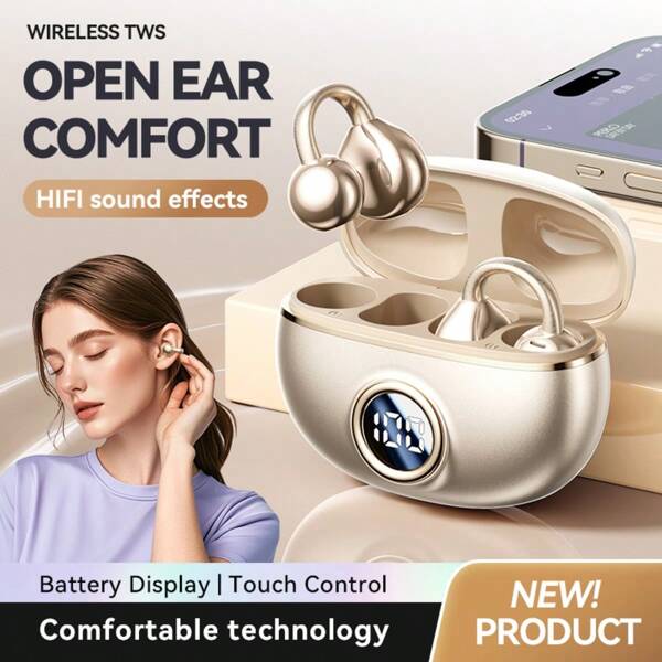 Ksluxirt Ear Clip Wireless Earbuds, Open Wireless Headphones, 38 Hours Of Playback Time, LCD Power Display Low Delay HD Calls, Comfortable And Stable To Wear, Suitable For People With Small Ears And Glasses-Gold