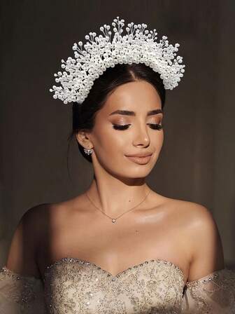 1pc Handmade Faux Pearl Crown Headband, Elegant Bridal Wedding Party Crown Headpiece, Royal Princess Birthday Gift, Suitable For Various Occasions HP598,Hairband,Hair Hoop Headbands