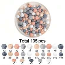 135pcs Fashion Silicone Beads DIY Jewelry Making Kit - 5 Colors Mixed Sizes (9-15mm) Round & Hexagon Craft Accessories Set With Pendants/Keychains/Necklace/Bracelet/ID Lanyard Supplies,Creative Gift For Women Men Craft Lovers(Students Office Gifts)