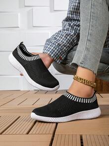 Women's Breathable Knit Sneakers Casual Lace Up Outdoor Shoes Lightweight Solid Color Shoes Personalized Comfortable Minimalist EVA Sneakers For Women - Black - View 8