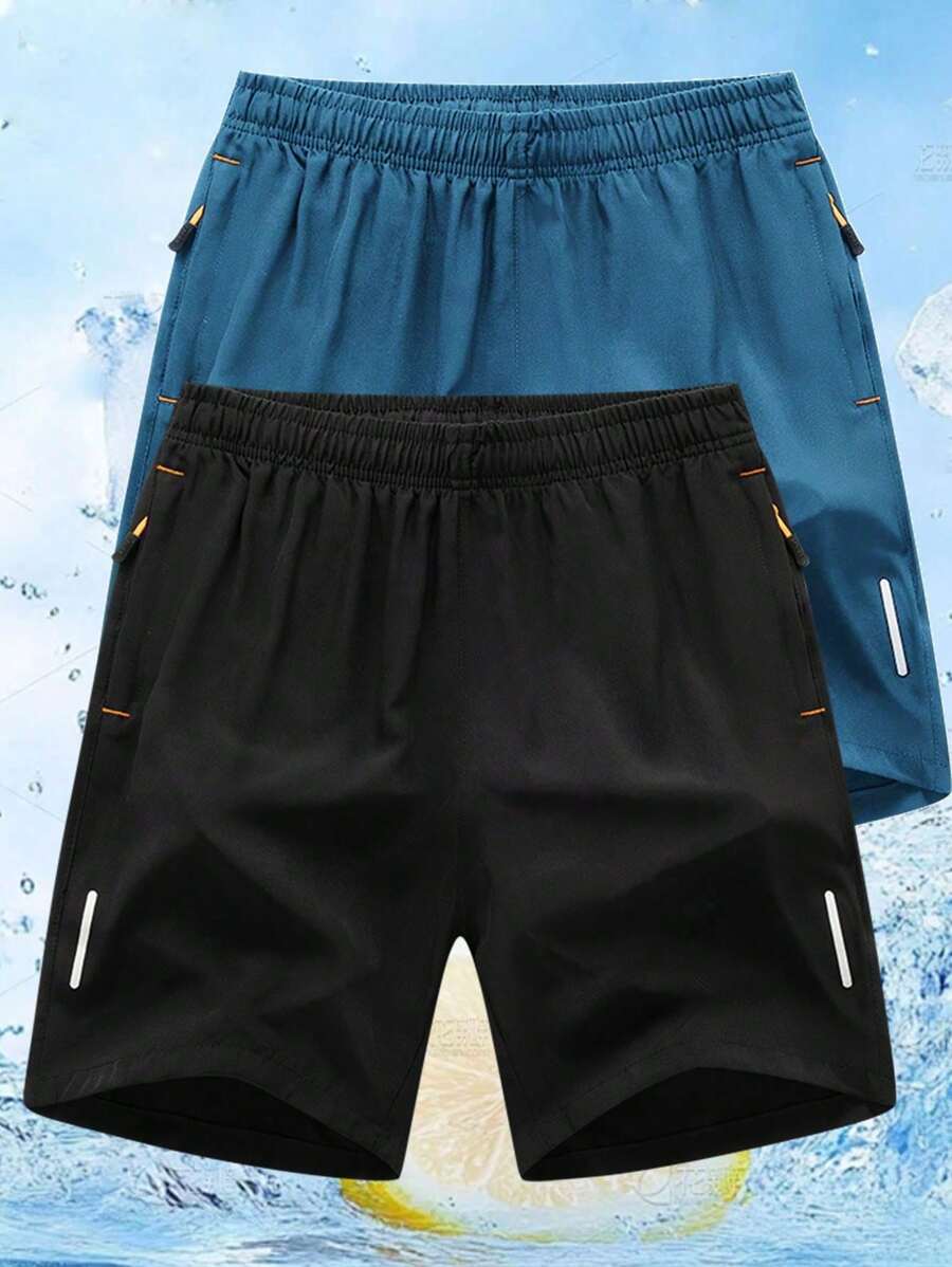 2 piezas Shorts deportivos de verano para hombre, cintura elástica, casual de playa, corte holgado, secado rápido, longitud hasta la rodilla, con bolsillos traseros