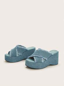 Soft Pale Blue Washed Denim Peep Toe Cross Strap Chunky Platforms, Premium Soft Leather Insole, Slip Resistant Sole, Comfort Fit Thick Sole Wedge Sandals, Versatile Classic Fashion