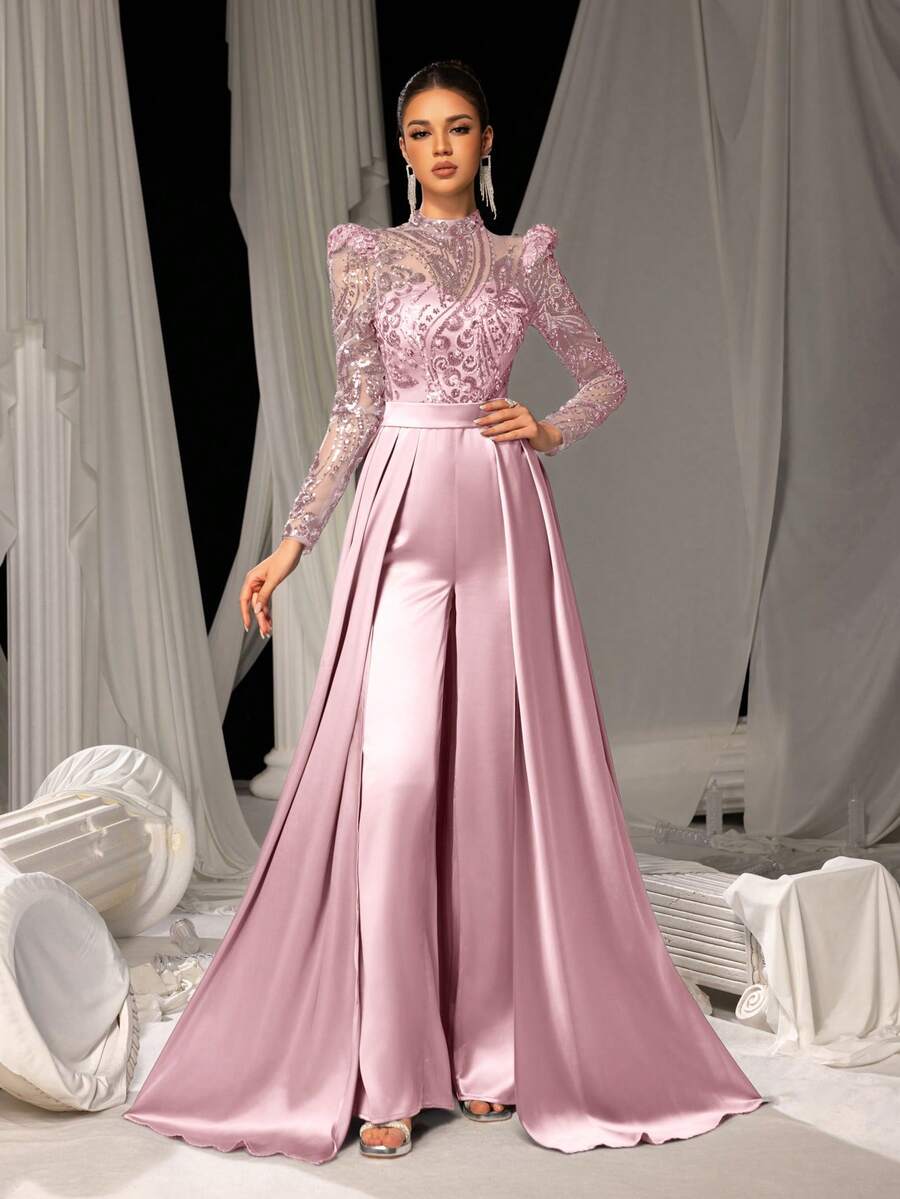 Faeriesty Bộ jumpsuit satin thanh lịch, được tô điểm bằng họa tiết thêu sequin lấp lánh, dáng dài chạm sàn | Đầm dạ hội sang trọng, phù hợp cho các dịp trang trọng, tiệc tùng, đám cưới.