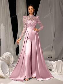 Faeriesty Elegant Satin Jumpsuit With Glittering Sequin Embroidery & Floor-Length Trail | Luxury Evening Wear For Black Tie Galas, Weddings, Formal Events
