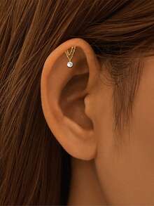 S925 Sterling Silver Vertical Dangle Hidden Helix Piercing, Threaded Flat Back Stud Earrings, Hidden Rook/Cartilage/Conch/Tragus/Helix Drop Earring - Gold - View 4