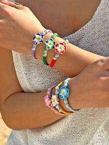 1 件软粘土花编织手链，适合女性日常配饰、度假、约会、礼物 - 花朵 - 查看 6