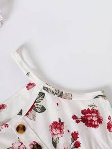 3pcs Girls Solid Color Ribbed Floral Print Camisole & Shorts Set, Fashion - Burgundy - View 5