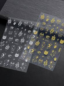 2/8/16pcs Gold & Silver Foil 3D Embossed Moon, Sun, Snake, Star, Mythology Eye Nail Art Stickers, Melbourne Style, Self-Adhesive, Suitable For Women & Girls Fashion DIY Manicure Nails Nail Supplies - Multicolor - View 6