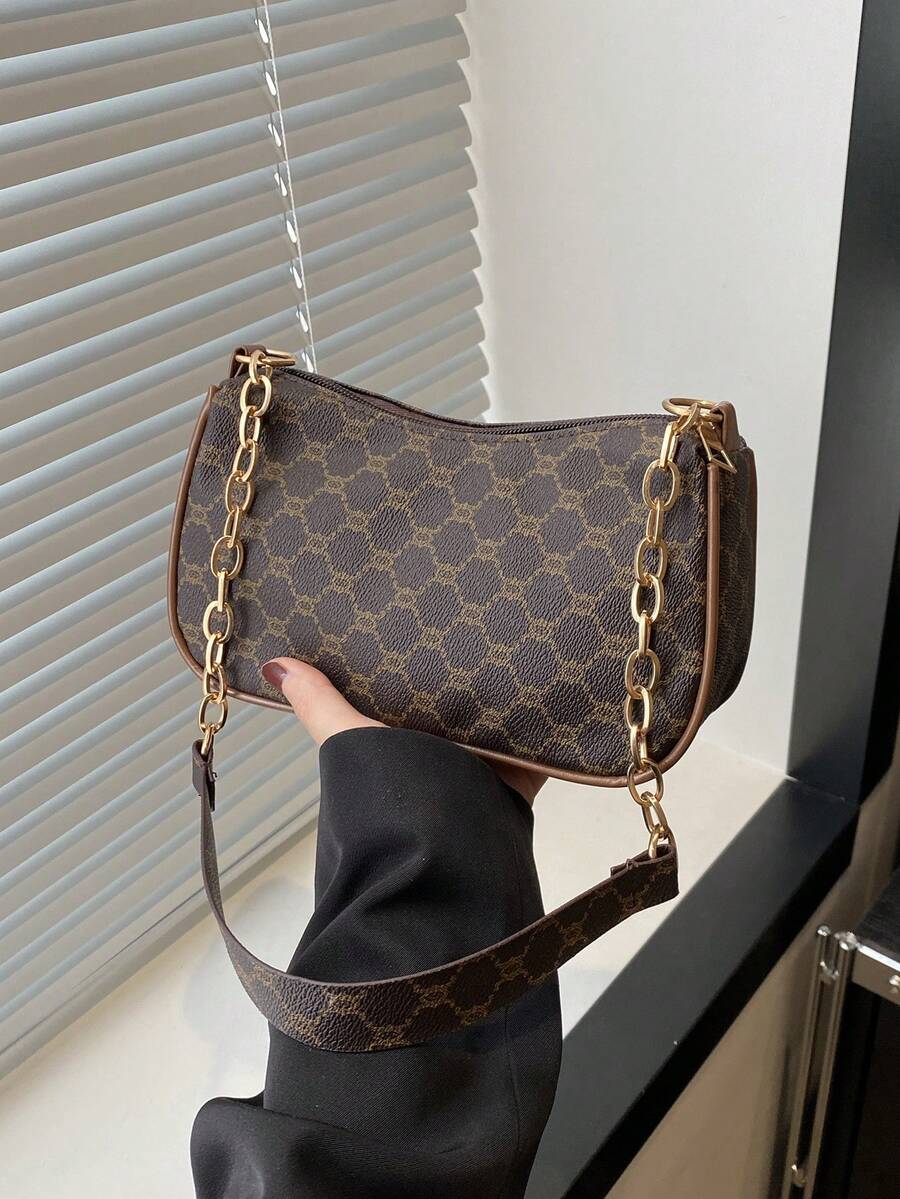New Spring/Summer Simple Versatile PU Underarm Bag, Fashionable Chain Shoulder Bag, High-Quality Hand-Held Bag - Coffee Brown - View 1