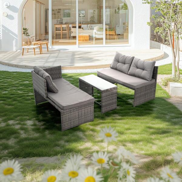Rattan Style Garden Furniture Set, Garden Table Set, Garden Chair, Furniture, Resin, Hotel, Cafe, Balcony, Terrace, Outdoor Furniture, High-End Sofa [Gray Body + Gray Cushion]