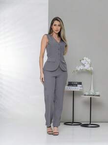 Plain Elegant Vest And Dress Pants Set C3302 - 灰色 - 查看 1